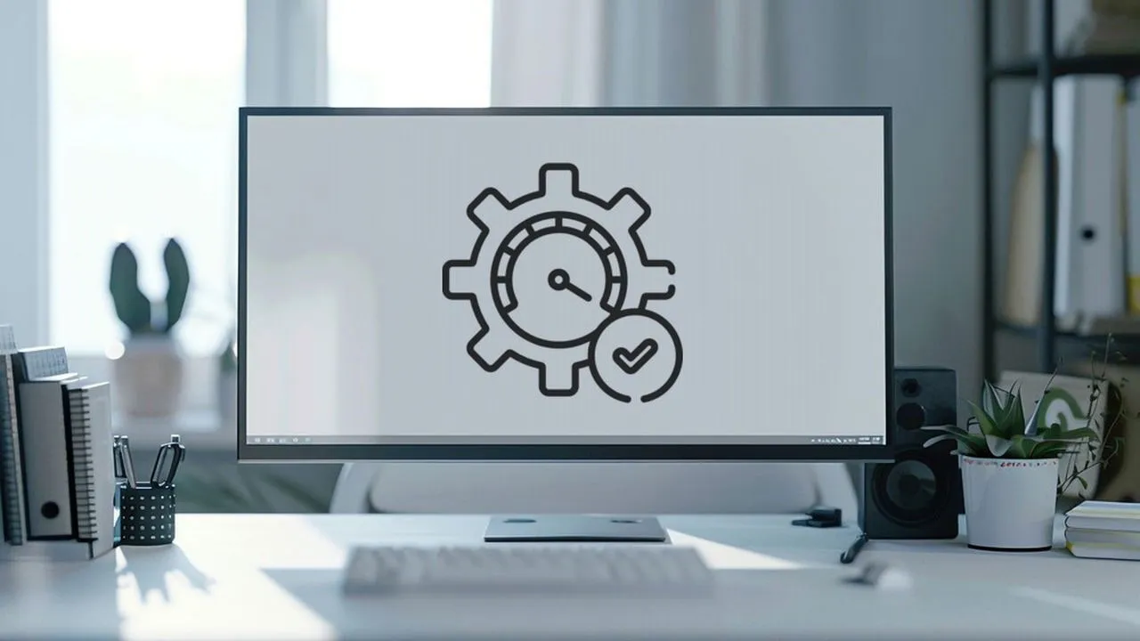 White monitor screen featuring a cog wheel in the center