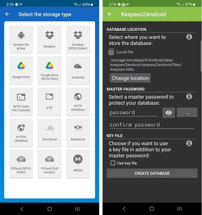 Choosing a database location and setting up a new database in Keepass2Android.