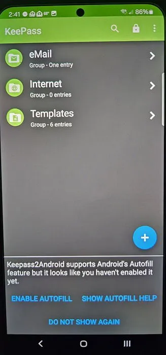 Activation du remplissage automatique du mot de passe dans Android dans Keepass2Android.