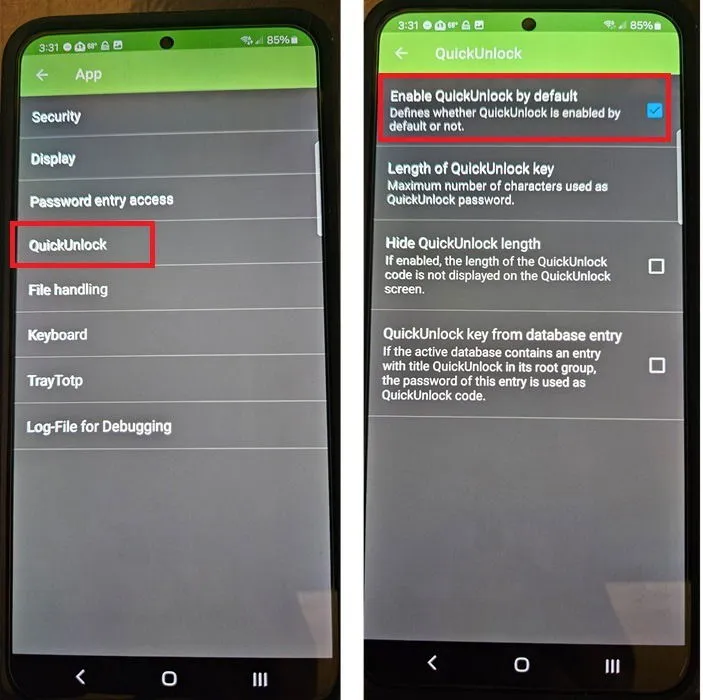 Włączanie QuickUnlock w Keepass2Android.