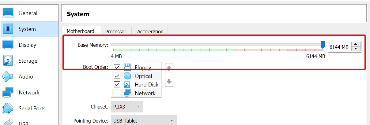 memoria base virtualbox