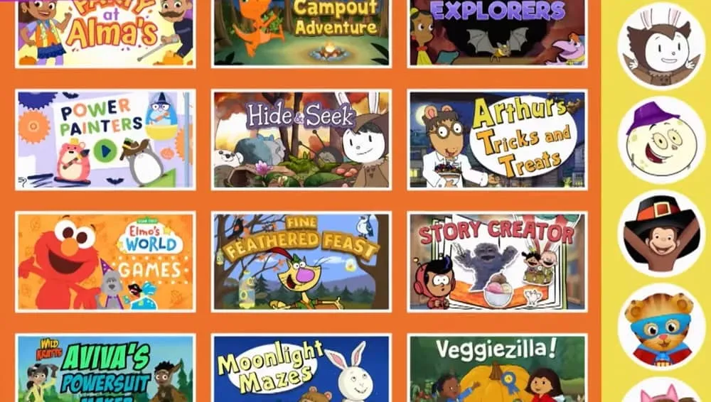 Browsing a selection of seasonal games on PBS KIDS games.