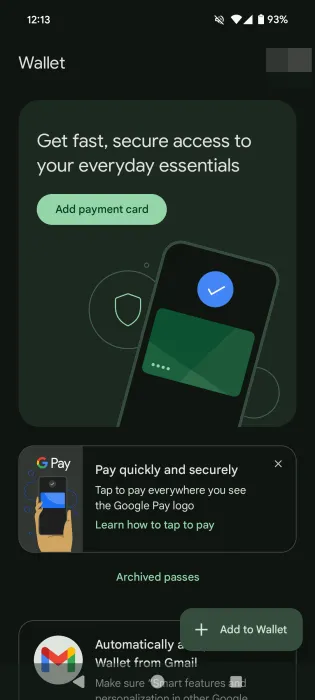 Visão geral da interface do aplicativo Google Wallet.