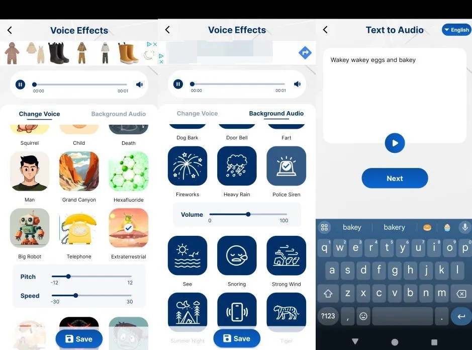 Voice Changer by Sound Effects app interface overview.