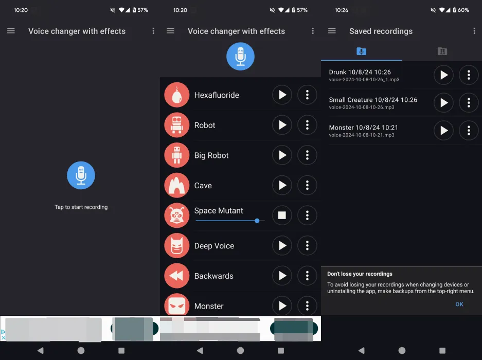 Voice Changer with Effects app interface overview.