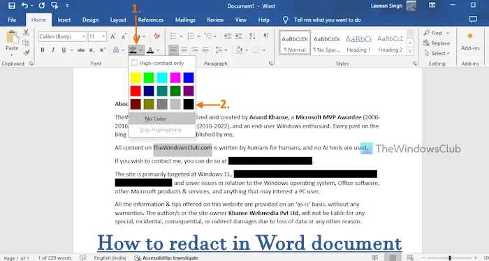 Word でテキストを手動で黒くする