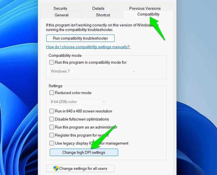 Configuring high DPI settings for an application