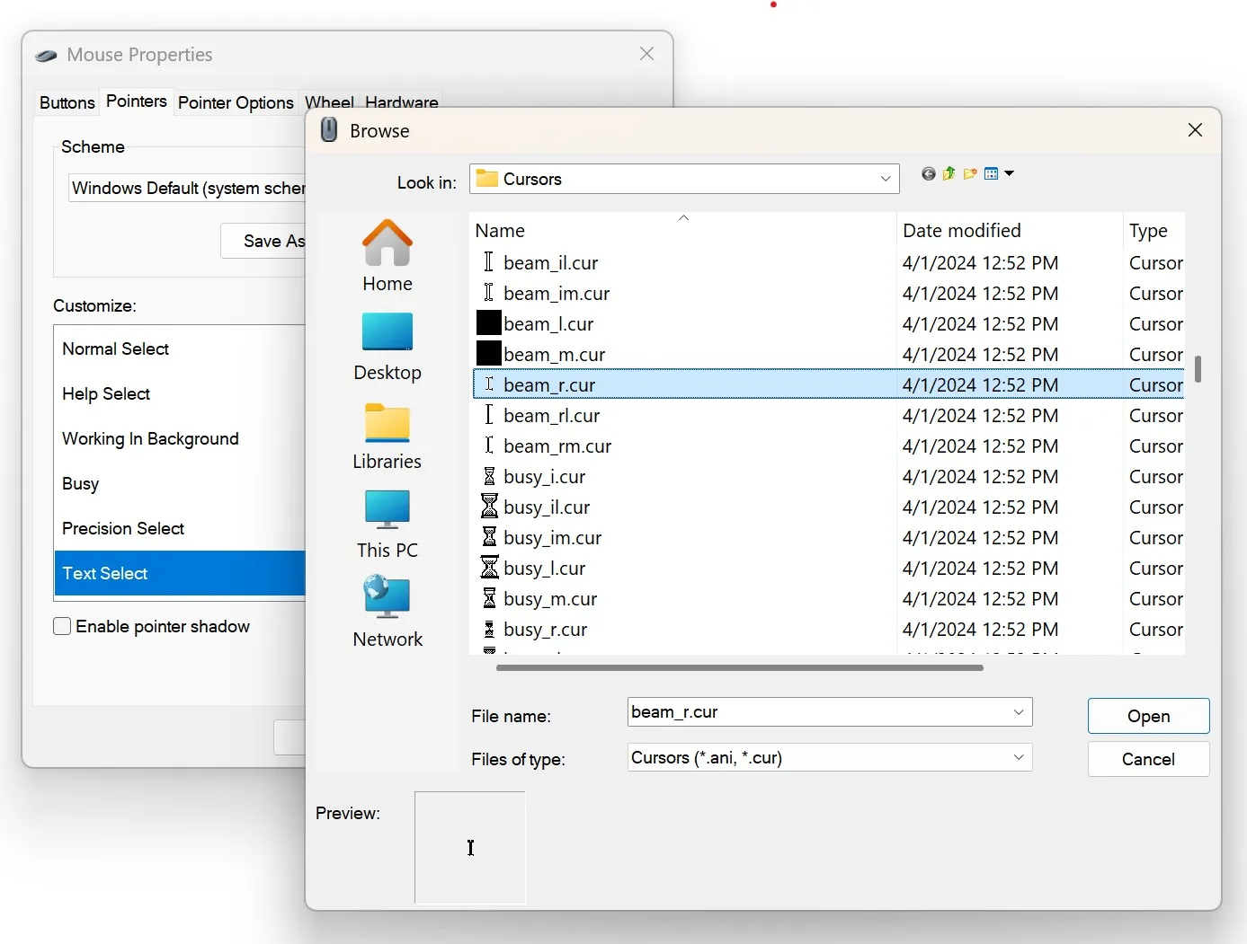 Change mouse cursor pointer in Windows 11 24H2