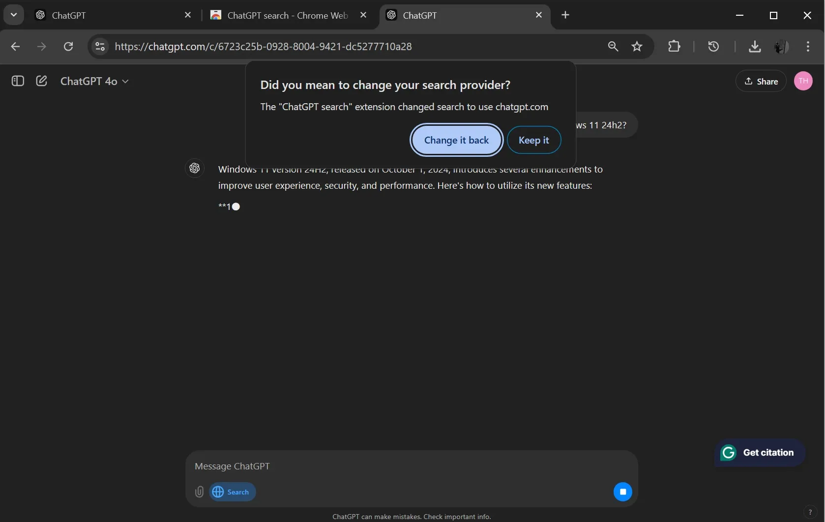 Change or keep ChatGPT search extension in Chrome