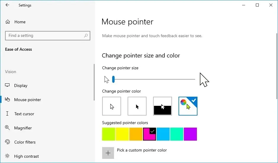 Configuración de color del puntero del ratón en Windows 10