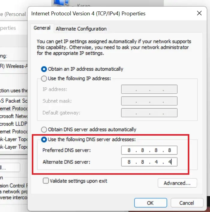 Change to public Google DNS servers