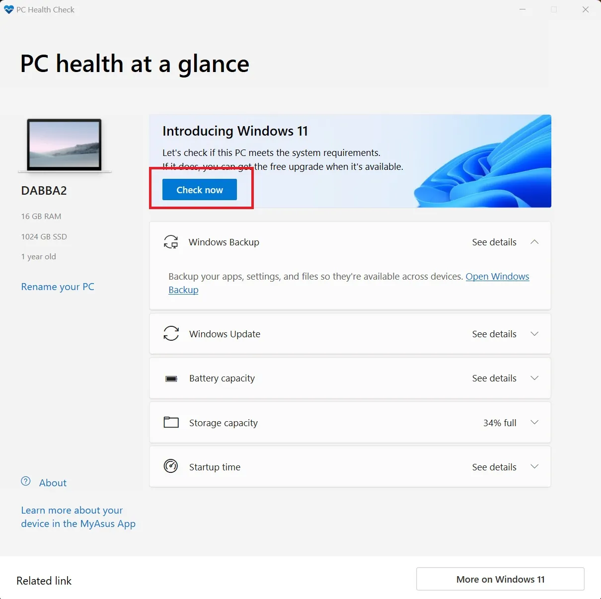 comprobar la elegibilidad de Windows 11 24h2 en la aplicación de verificación de estado de la PC