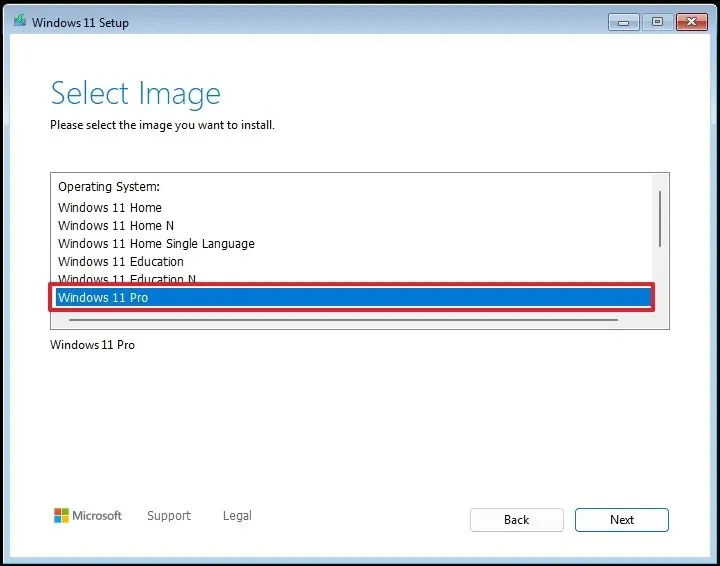 Windowsのエディションを選択するオプション