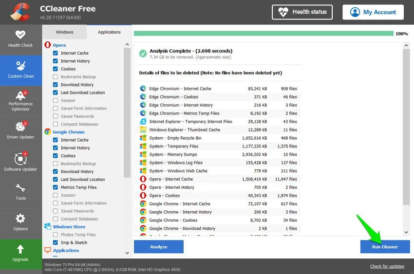 Interface do CCleaner para limpar dados inúteis