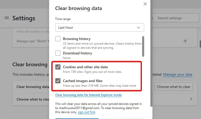 Clearing cache and cookies in Edge