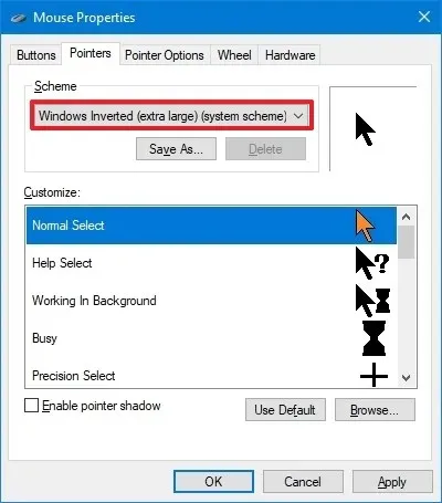 Panneau de configuration Modifier le schéma de la souris