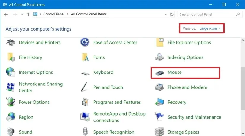 Configuración del mouse del panel de control