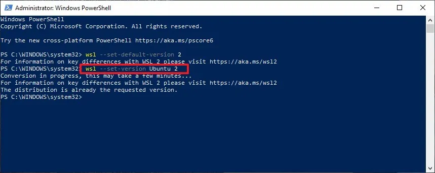 Convertir la distribución WSL 1 a WSL 2 en Windows 10 20H1