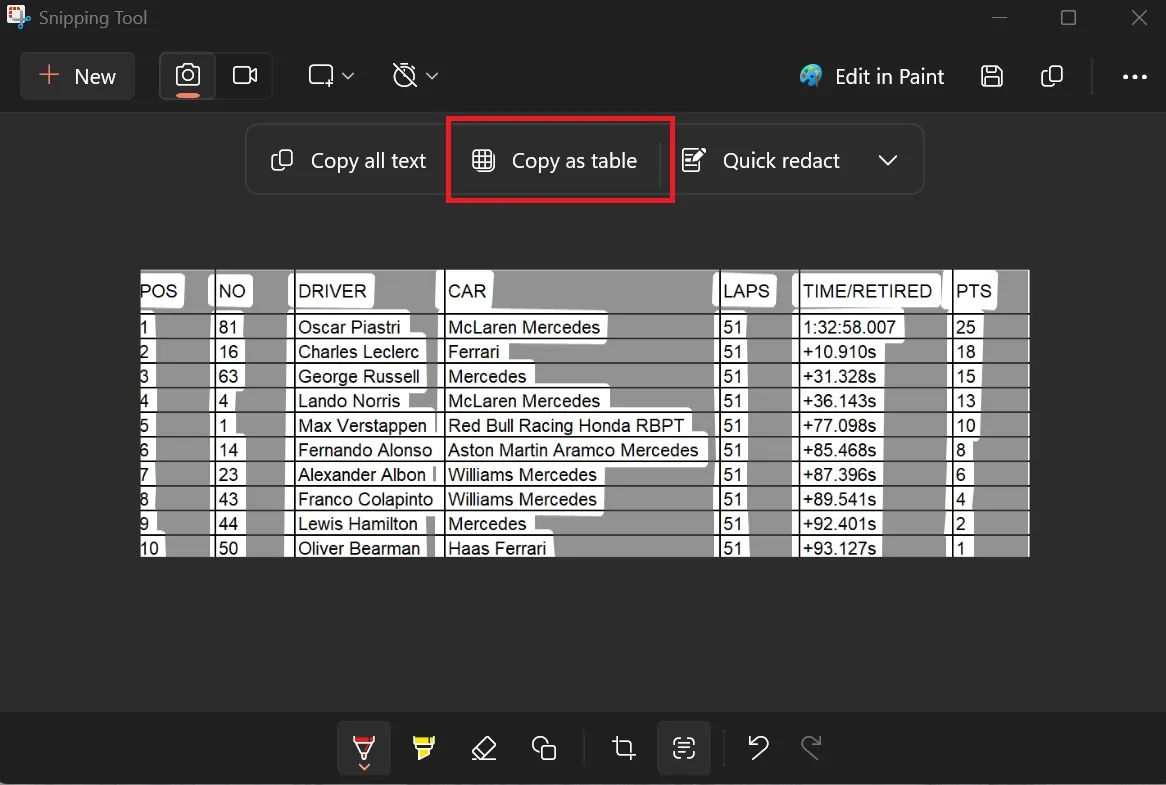 Función Copiar como tabla en acción en la herramienta Recortes de Windows 11