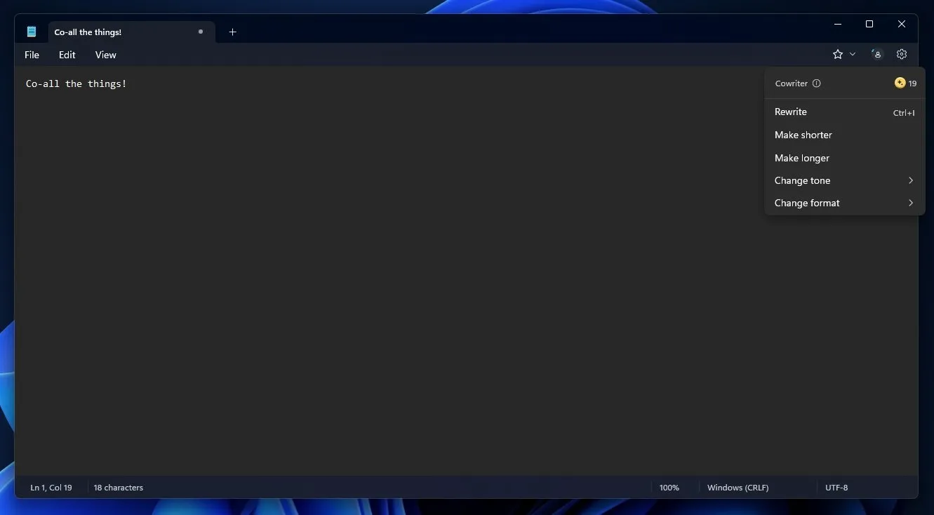 Cowriter no Bloco de Notas para Windows 11