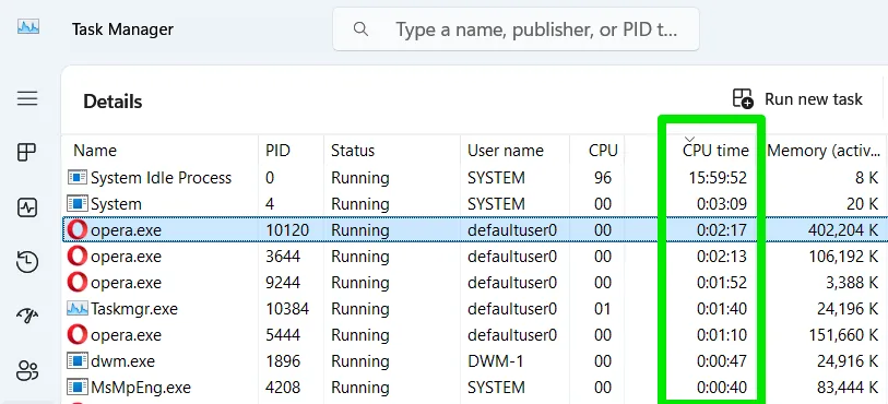 CPU Time Column in Task Manager