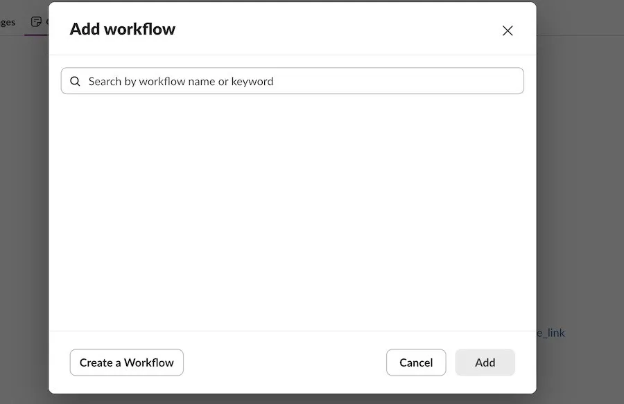 Selecting Create a Workflow in the Slack app