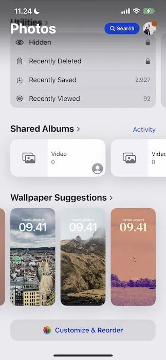 Seleccione Personalizar y reordenar en la aplicación Fotos de iOS