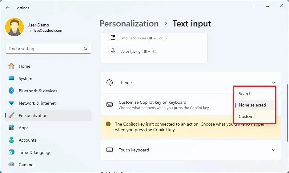 Personalize a tecla Copilot no teclado