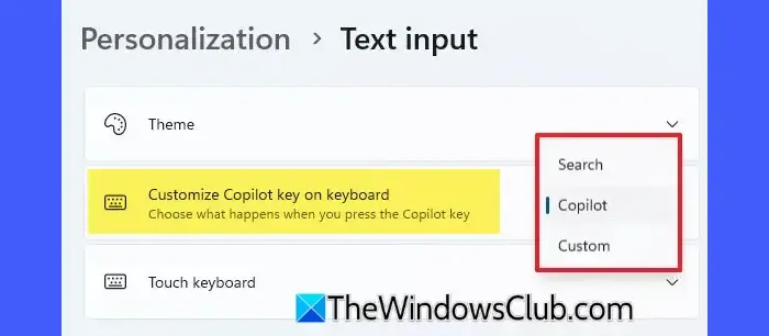 Personnaliser la touche Copilot sur l'option du clavier