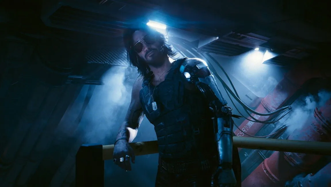 Een moment in Cyberpunk 2077 met Keanu Reeves als Johnny Silverhand.