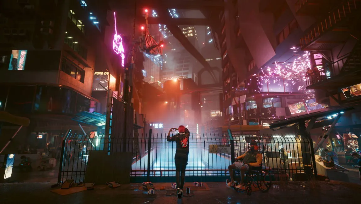 Oszałamiająca grafika z gry Cyberpunk 2077 ukazująca pięknie oświetlone, futurystyczne miasto nocą.