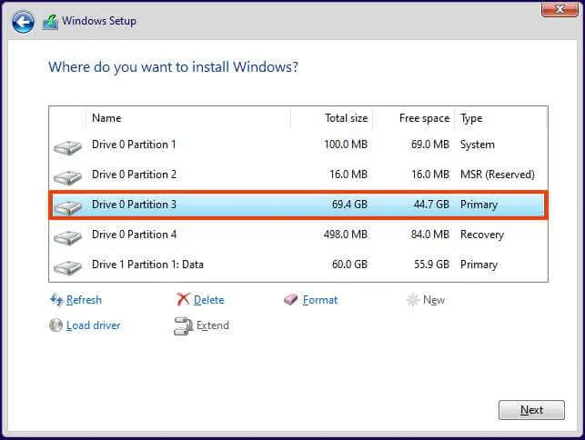 Eliminar particiones en la configuración de Windows 11