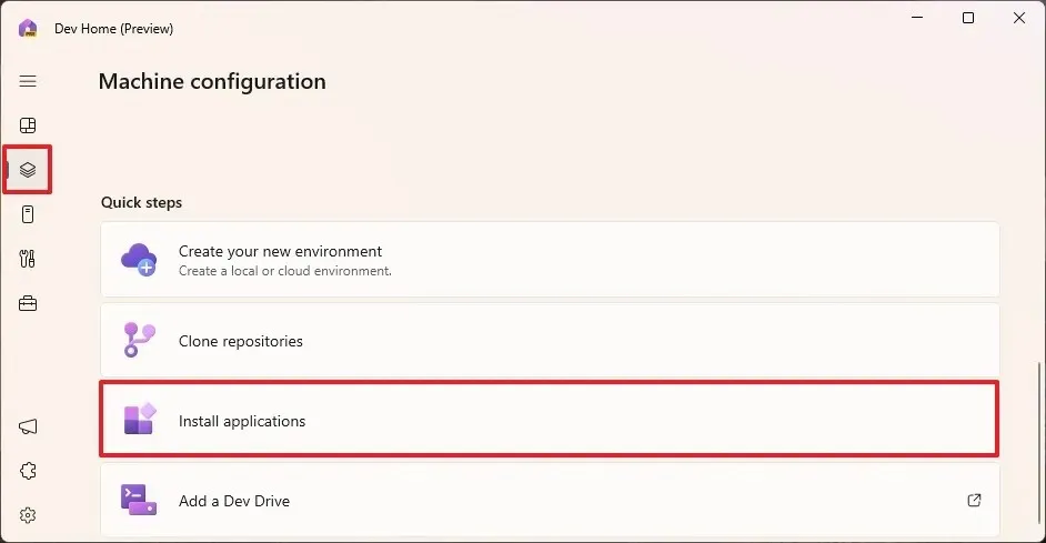 Opción de instalación de la aplicación Dev Home