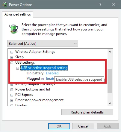 USB Selective Suspend Settings