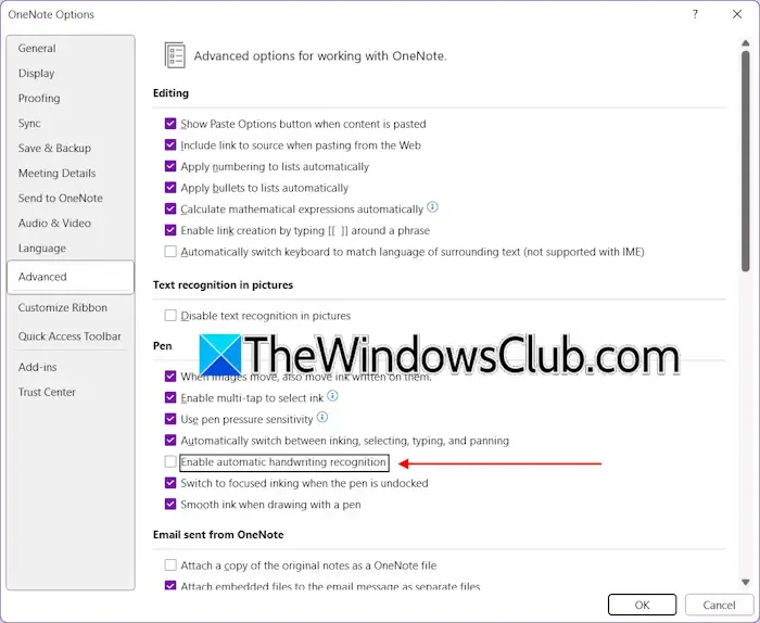 Disable Automatic Handwriting Recognition in OneNote