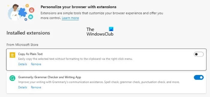 Disable extensions in Microsoft Edge