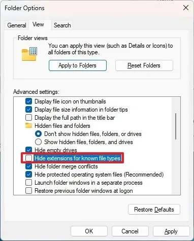 Hide extensions for known files disabled