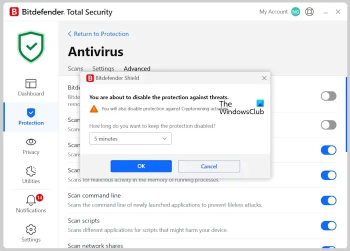 Désactiver l'antivirus tiers