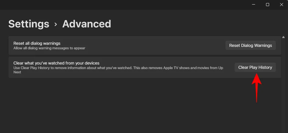 Option d'effacement de l'historique de lecture dans l'application Apple TV