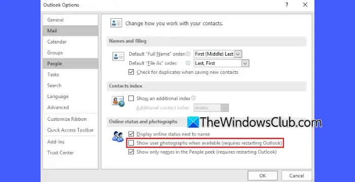 Disabilitazione delle foto dei contatti di Outlook