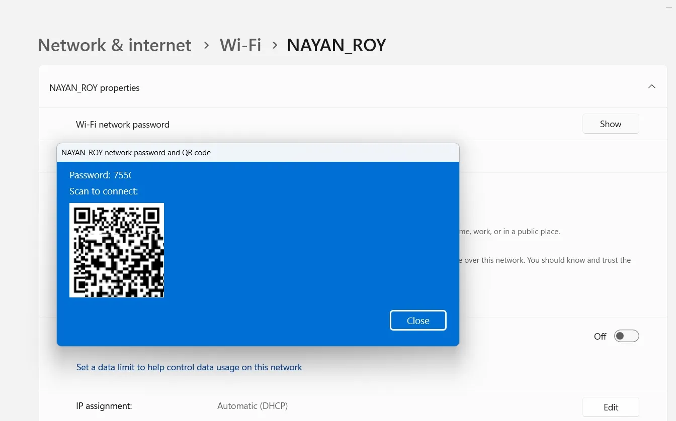 Wi-Fi QRコードウィンドウを表示