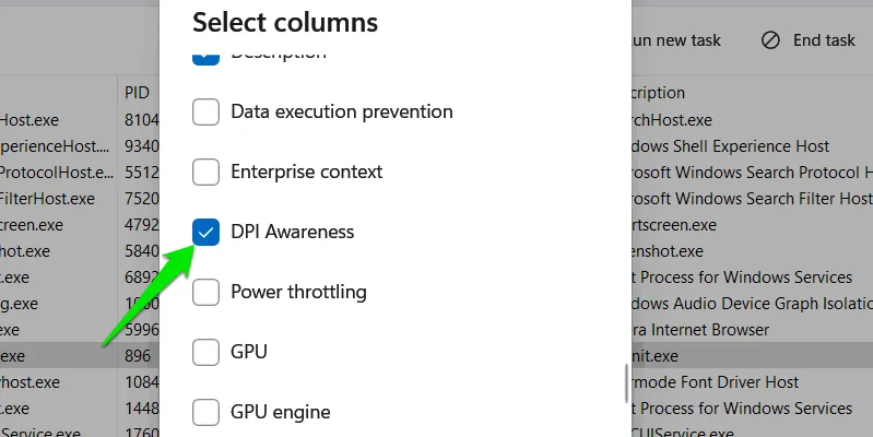 Colonna Consapevolezza DPI in Task Manager