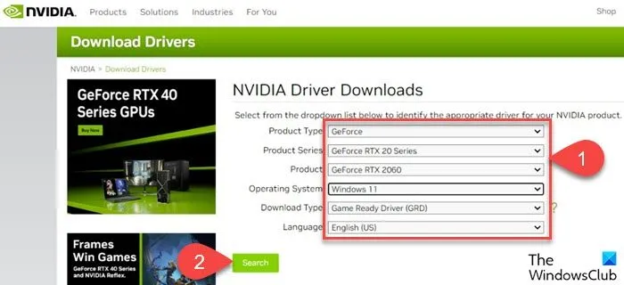 Page de téléchargement des pilotes sur NVIDIA