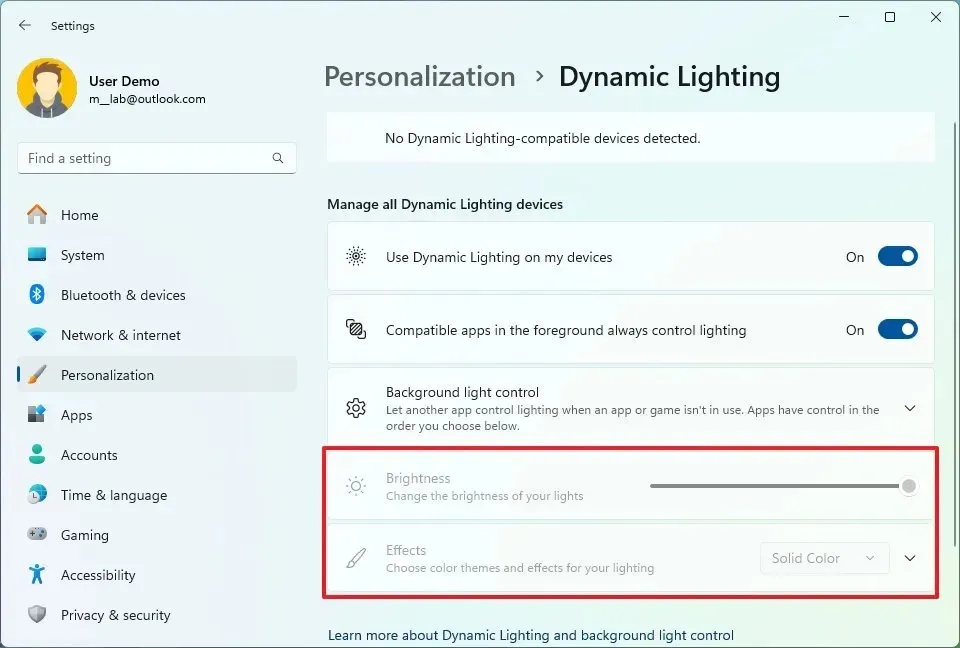 Dynamische verlichting grijs weergegeven