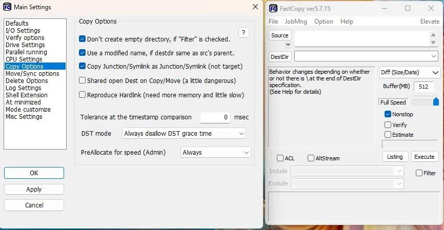 Configurando o FastCopy para cópia rápida de arquivos.