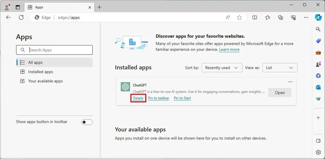 Aplicaciones instaladas en Microsoft Edge