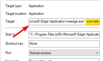 edge inprivate target shortcut