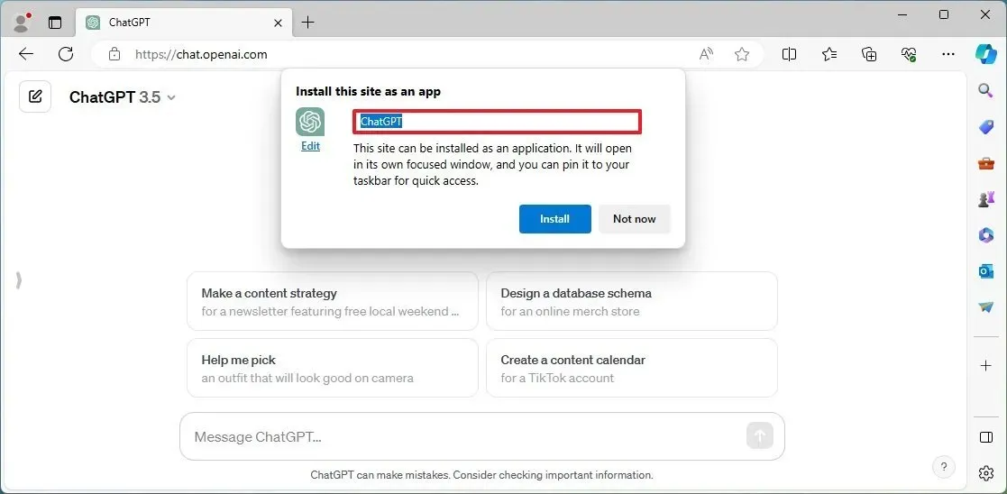 Impostazioni di installazione di ChatGPT in Edge