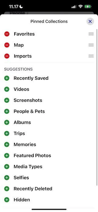 Editing the different Pinned Collections options in the iOS 18 Photos app