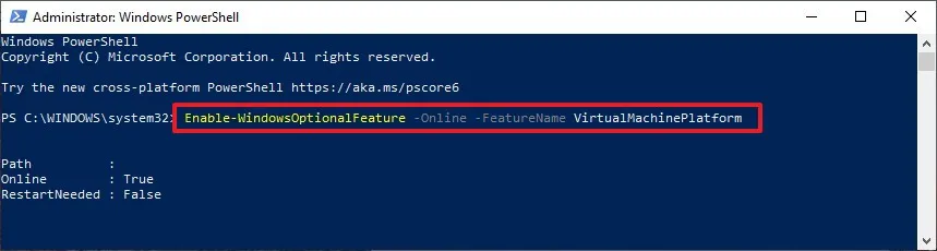 Habilitar la plataforma de máquina virtual en Windows 10 mediante PowerShell